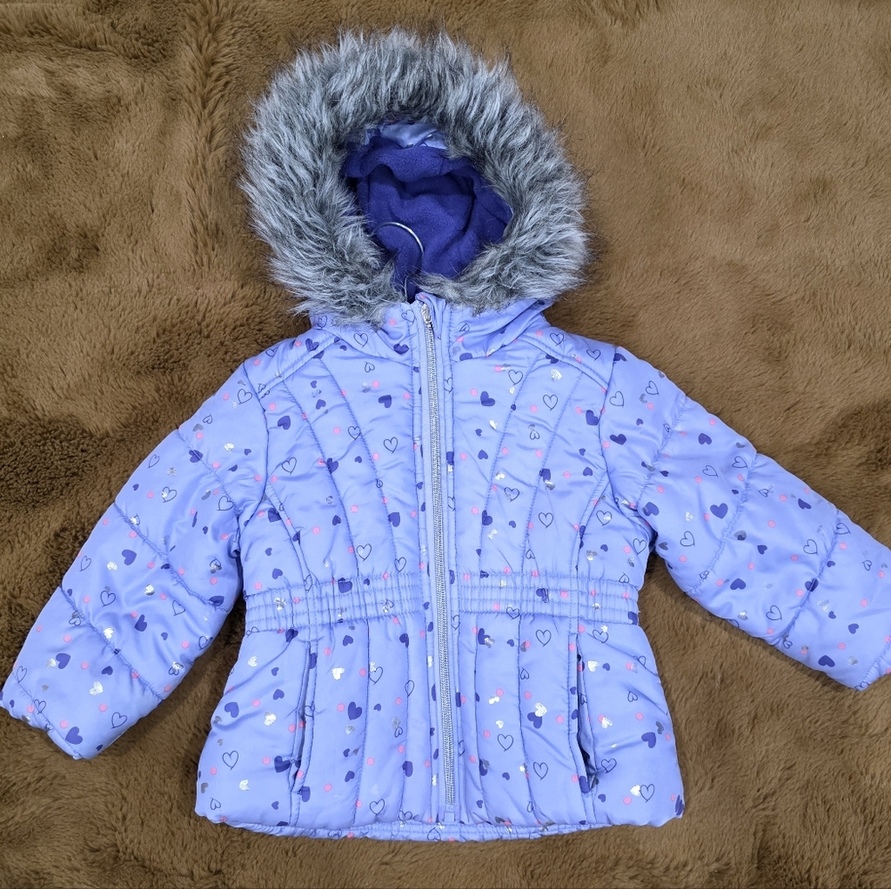 💜 Rothschild, 2T Girl,Purple Hearts,Fleece Lined, Hooded Puffer Jacket Faux Fur